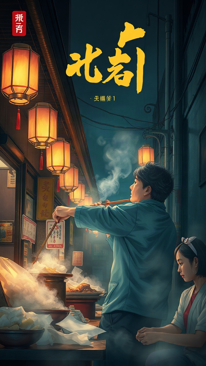 AI漫剧《三更食肆》场景海报，深夜面摊的灯笼与升腾热气